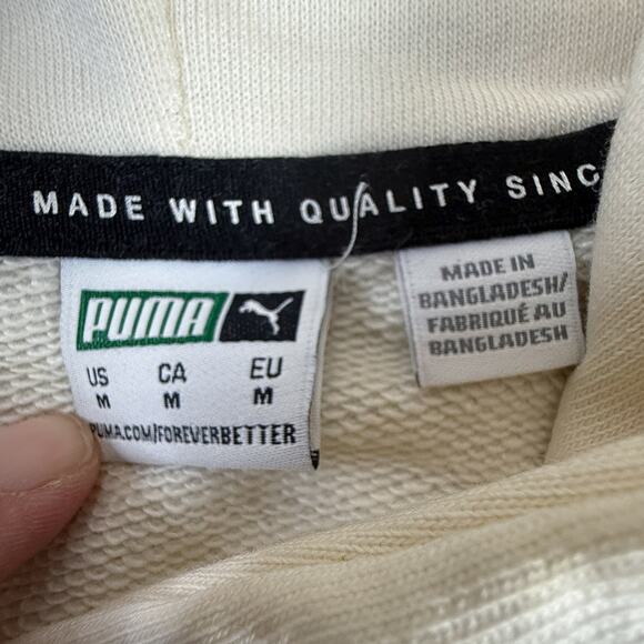 PUMA Cream White Hoodie Medium Red Logo Pullover Blue Stripe Raglan Sweatshirt - Picture 3 of 5